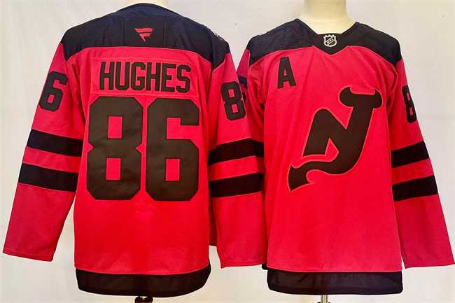 Mens New Jersey Devils #86 Jack Hughes Red 2024-25 With A Patch Stitched Hockey Jersey